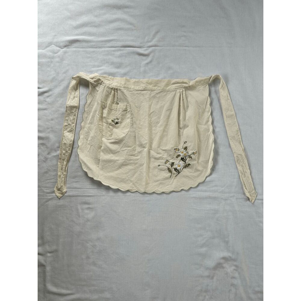 Handmade Kitchen Apron, Cream Colored, Embroidered, Pocket, Tie, Flowers,
